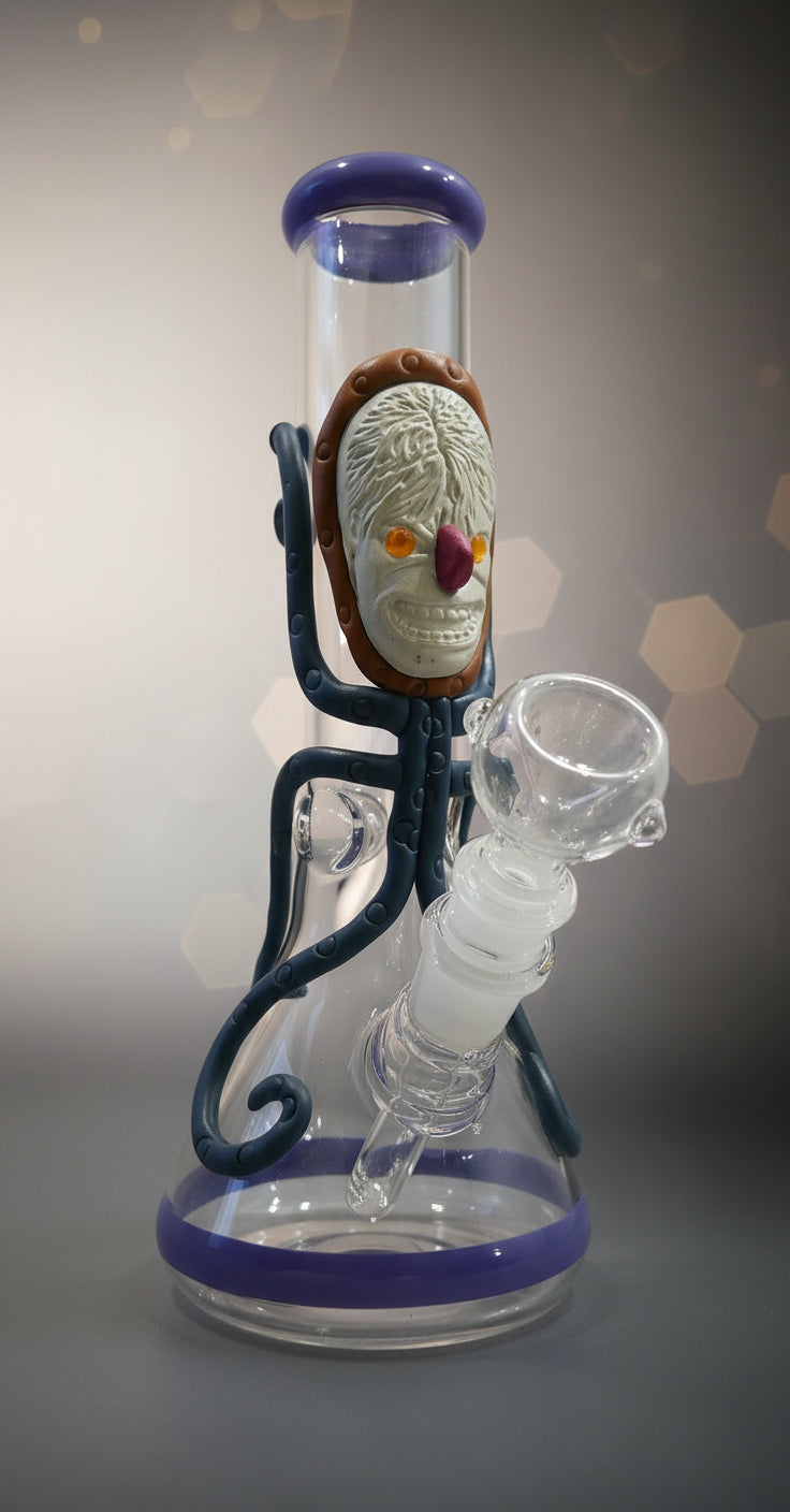 smoking Glass bong with purple rings and alien on a transparent background instant delivery in delh ncr, best bongs online in india, best quality glass bongs smoking accessories