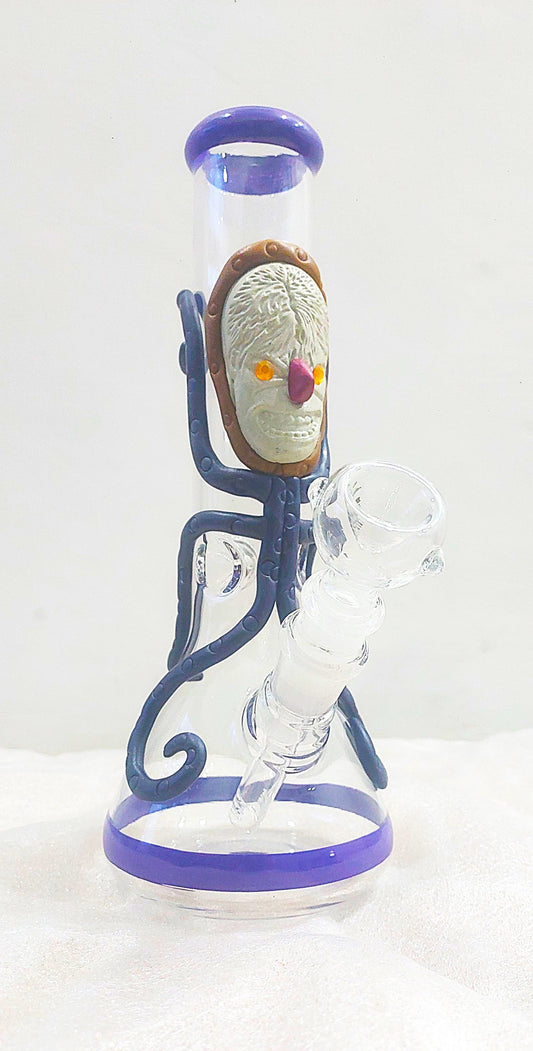 Glass smoking bong accessory with a unique design on a white ,smoking Glass bong with purple rings and alien on a transparent background instant delivery in delh ncr, best bongs online in india, best quality glass bongs smoking accessories
