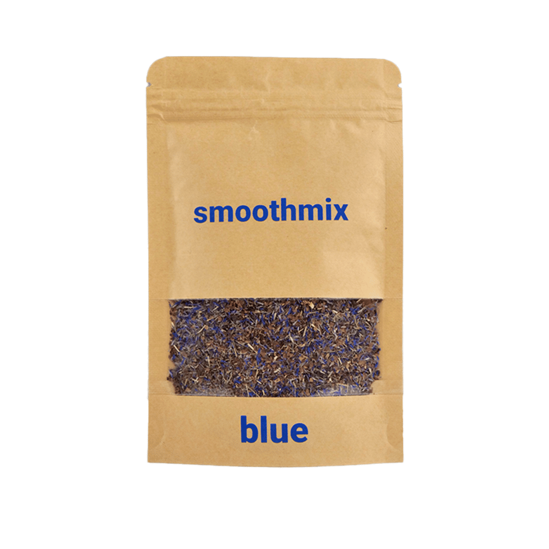 A bag of Smoothmix Blue Herbal Mixture with a window showing the blue rolling tobacco inside, supplying by tbbc theboomboxclub