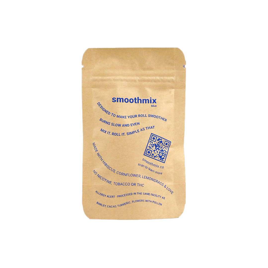 A packaging of Smoothmix Blue Starter Pack with a herbal mix, featuring a hand holding a cigarette, and the brand name printed in blue supplying by tbbc theboomboxclub