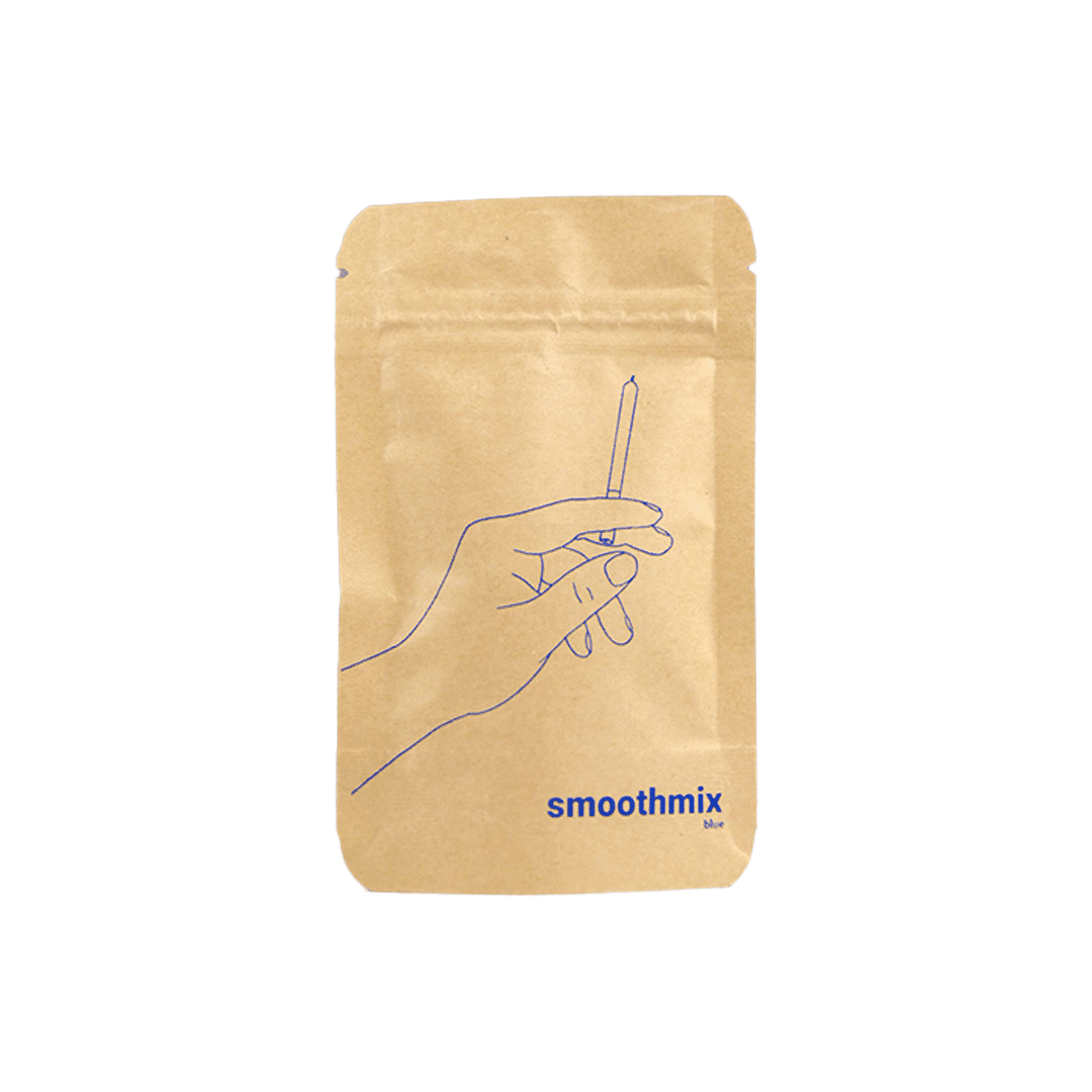 A packaging of Smoothmix Blue Starter Pack with a herbal mix, featuring a hand holding a cigarette, and the brand name printed in blue supplying by tbbc theboomboxclub