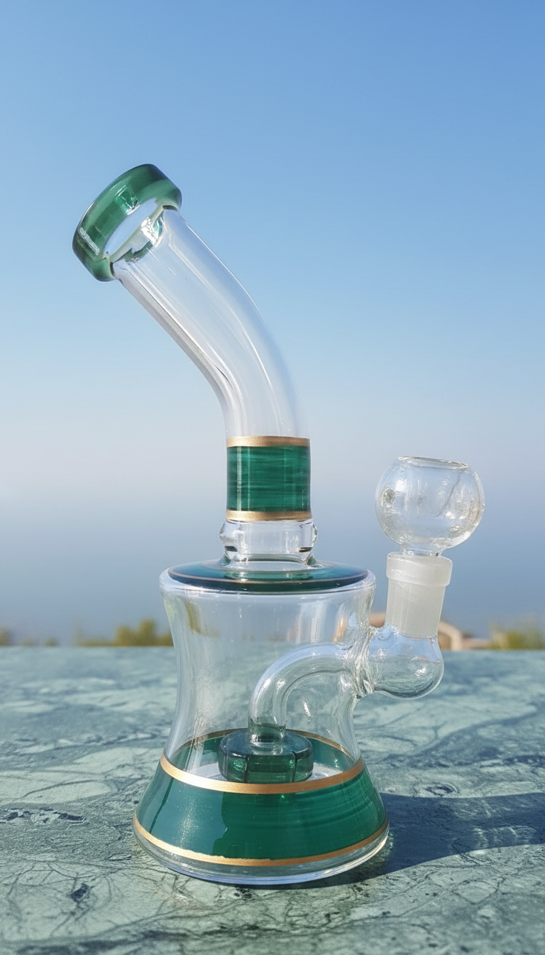 Glass smoking device with green accents on a reflective surface, bongs instant delivery in delhi ncr