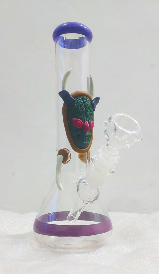 Devil's Brain Glass Bong, Glass water pipe with decorative head piece on a white background,  instant delivery in delhi ncr, pan india smoking accessories brand theboomboxclub, bongs in delhi ncr, best quality bongs in india, glass bong shooters, rolling papers, rolling trays and smoking weed accessories in india, ckassic weed bongs, dankest smoke shop in india
