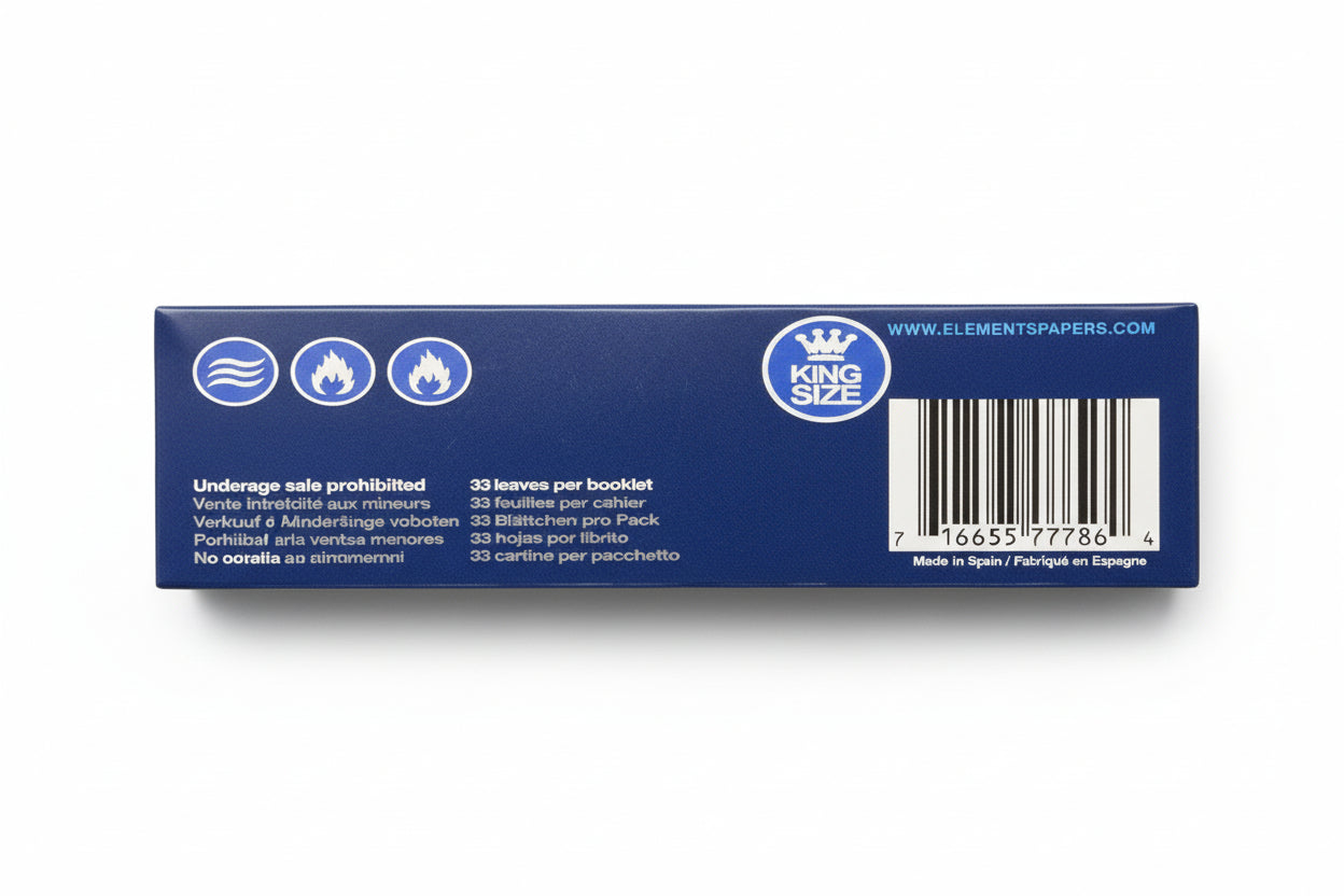 Product label with King Size branding and text on a blue background