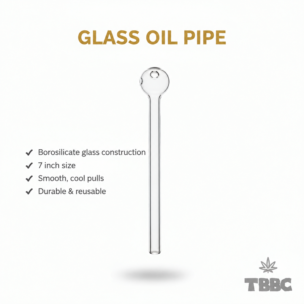TBBC 7 inch clear borosilicate glass oil pipe with straight stem and rounded chamber, white background specifications infographic