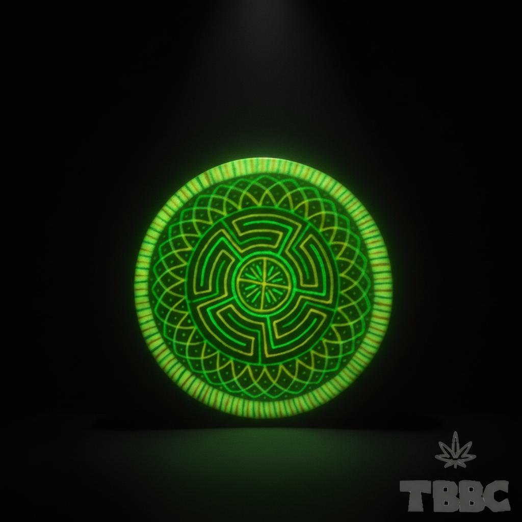 Glow-in-the-dark 4-inch crushing bowl with Labyrinth Mandala Maze Wheel geometric pattern glowing under UV on a dark luxury background.