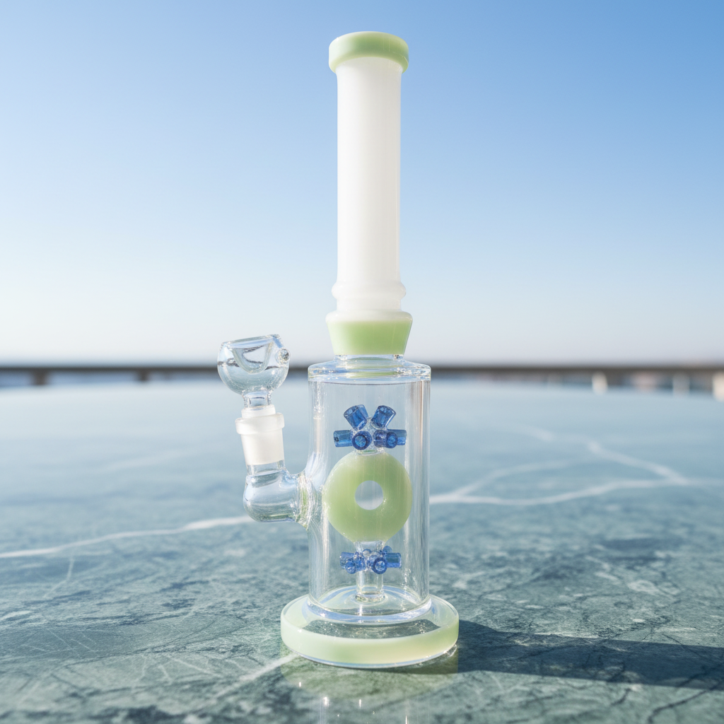 Donut perc bong side profile showing 11 inch height and green base, GreenHalo design with blue accents