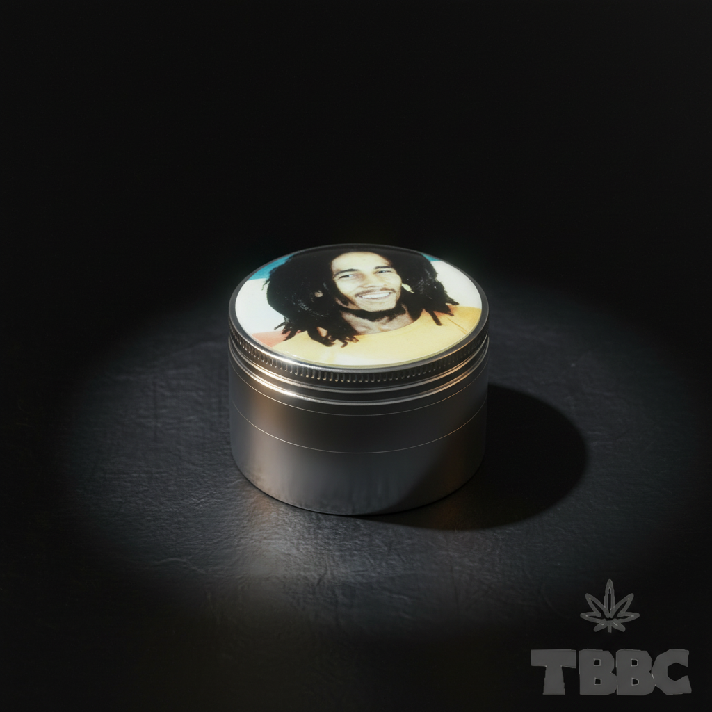 50mm 4-part metallic herb grinder with Rasta Portrait lid on a dark luxury background, durable metal grinder for smooth grinding.