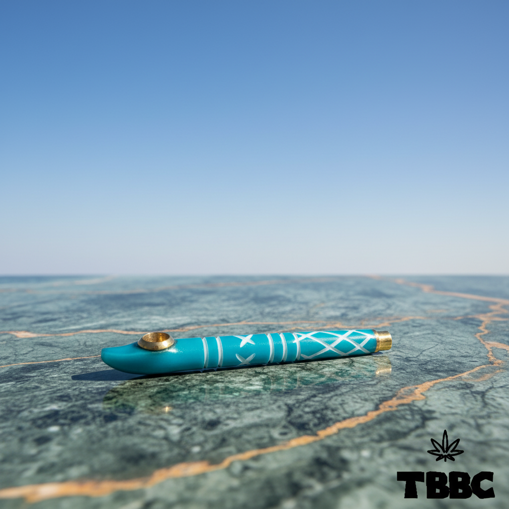 Side view of Medwakh Dokha Pipe Blue Aqua Wrap on marble and sky background, teal blue resin wrap with white pattern