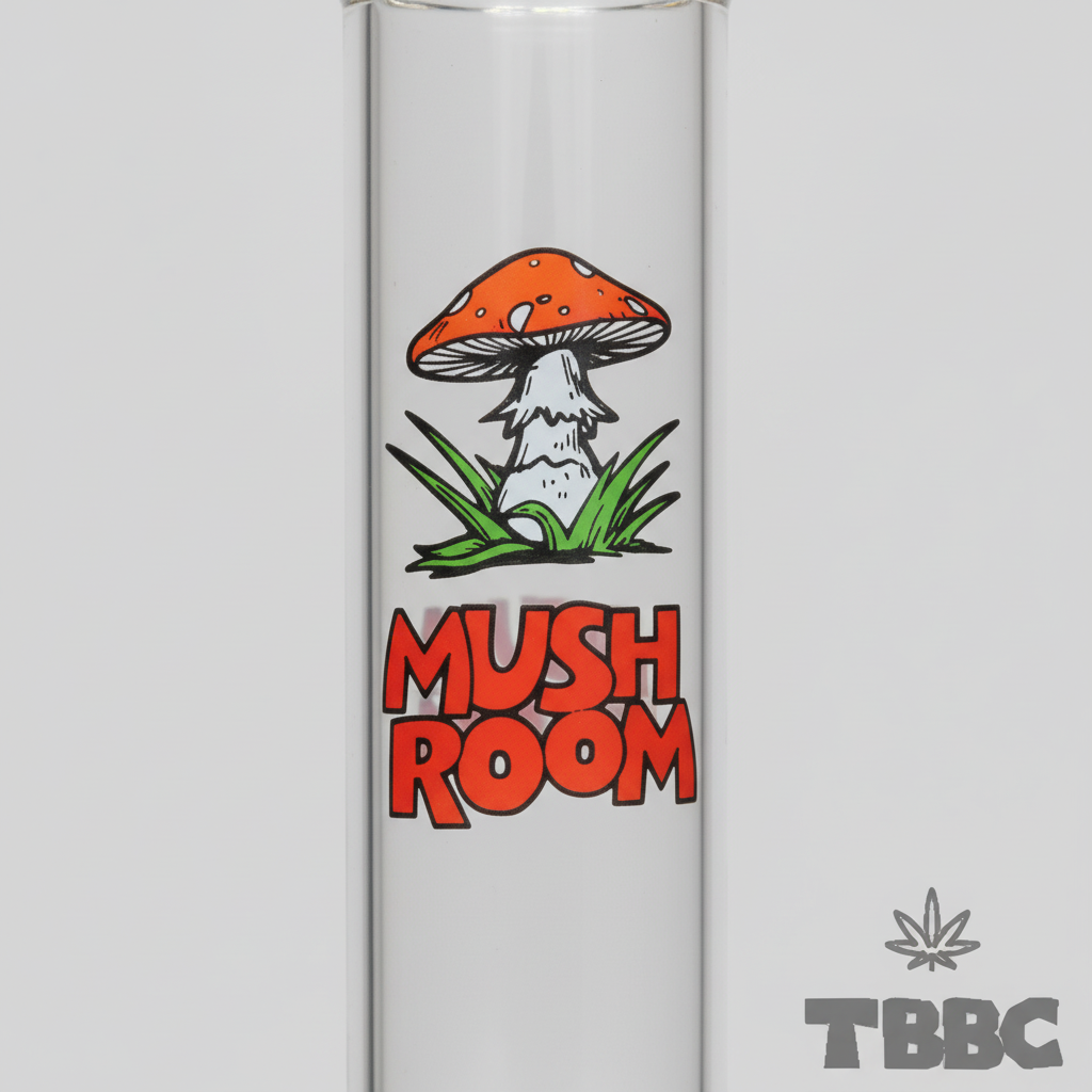 Mushroom artwork detail on clear Mushroom Zig Zag glass bong with red lettering and green grass design