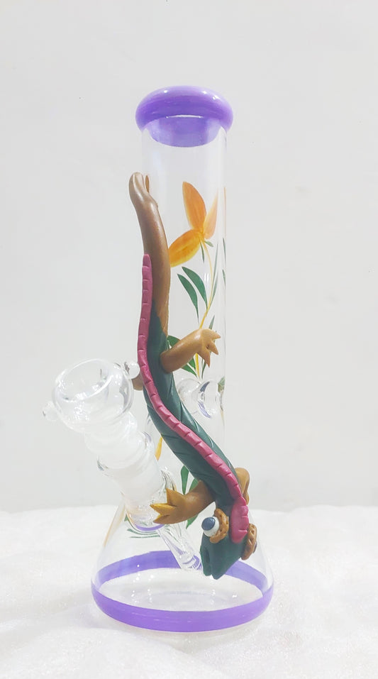 10 inch aesthetic glass bong handcradted with reptile, that is lizard with design of yellow flower patterns on the heavy duty boroscil glass bong, smoking water pipe in white bg