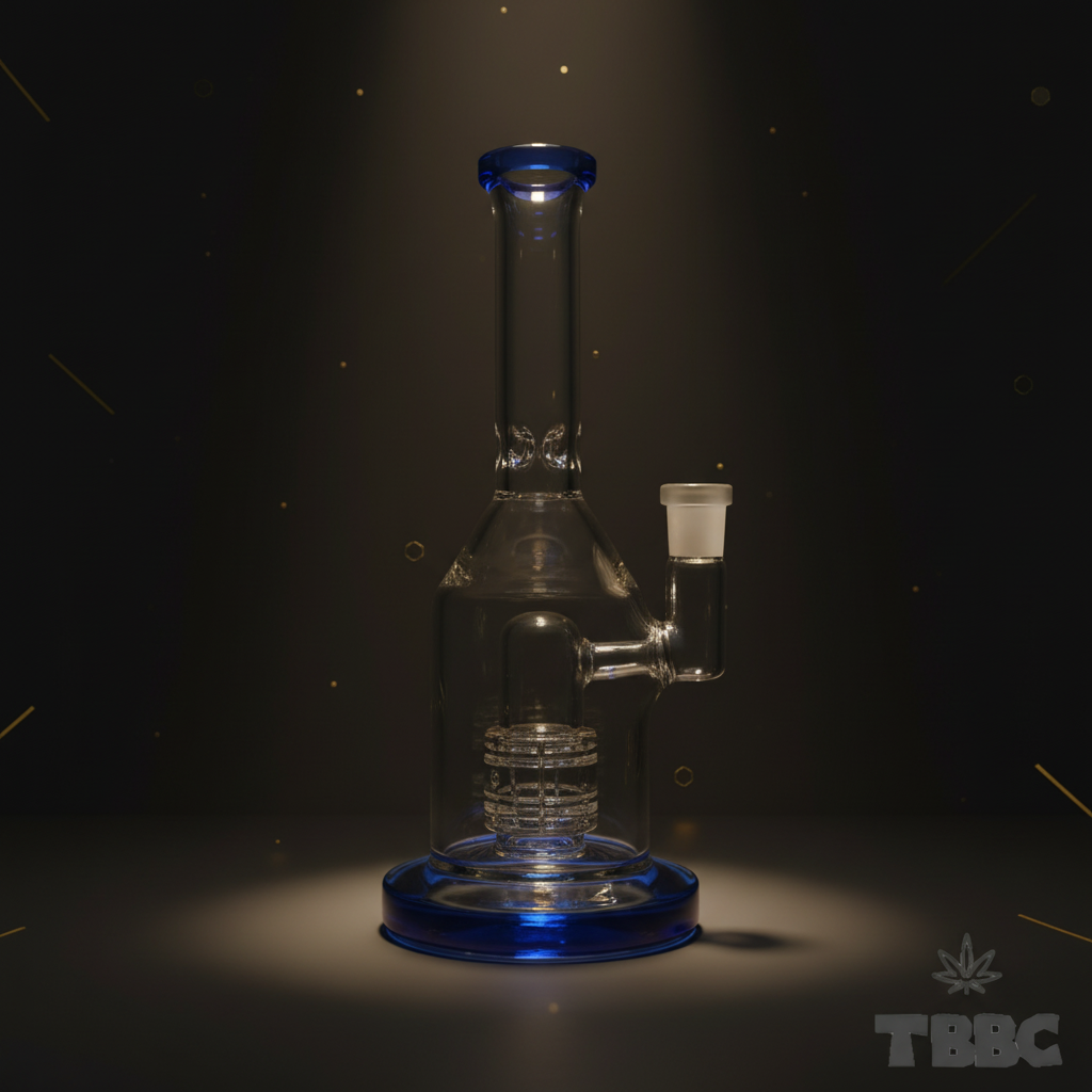 Blue Tide 8 inch borosilicate glass shower bong with showerhead perc, 14mm male joint and blue base on dark background