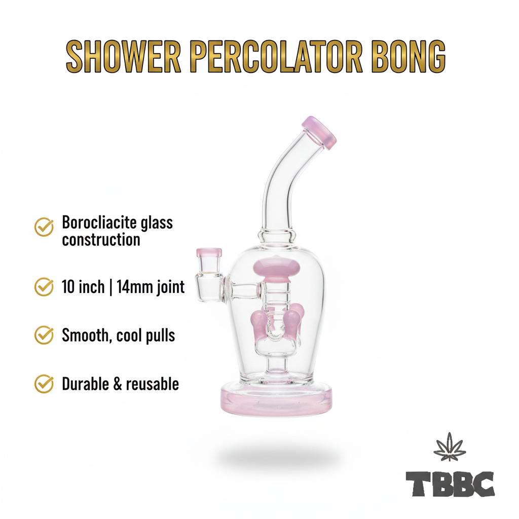 Pink Halo 10 inch borosilicate glass shower percolator bong with 14mm male joint and pink accents, specifications infographic
