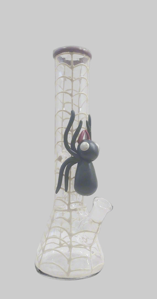 Glass bong weed smoking bong water pipe with spider decoration on a white background, handcrafted spider design bongs available in 10 inch and 12 inch with shooter