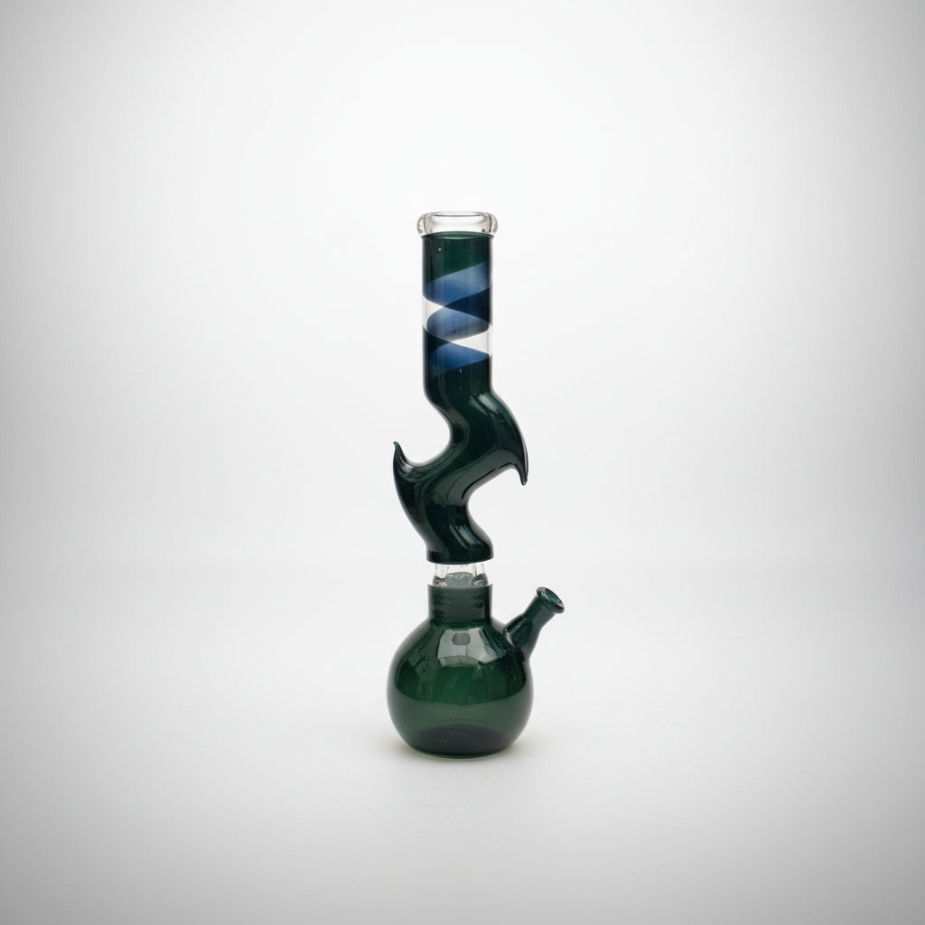 A black percolator bong with a honeycomb-style percolator device, an ice catcher, a wide base. The bong is made of borosilicate glass and is 12 inches tall.