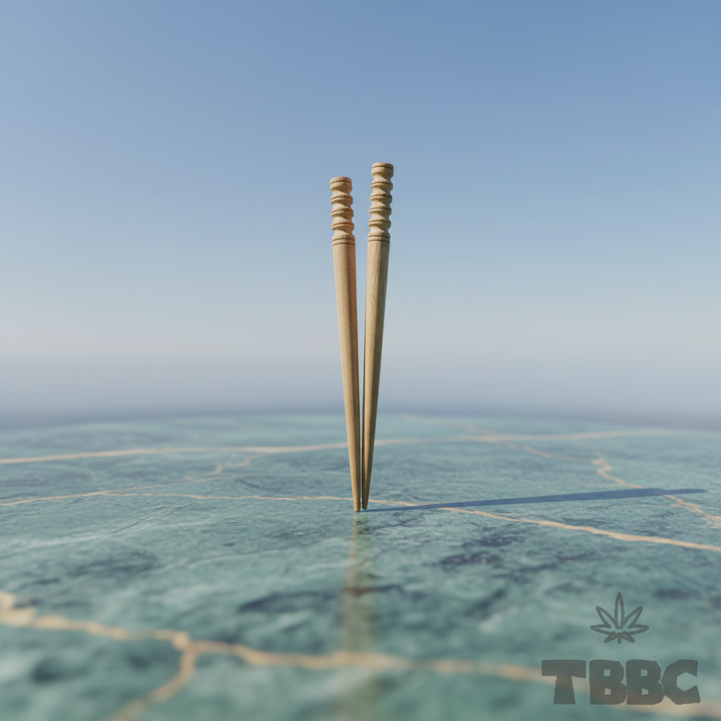 Two tapered wooden chillum cleaning sticks with grooved handles on a marble surface under blue sky