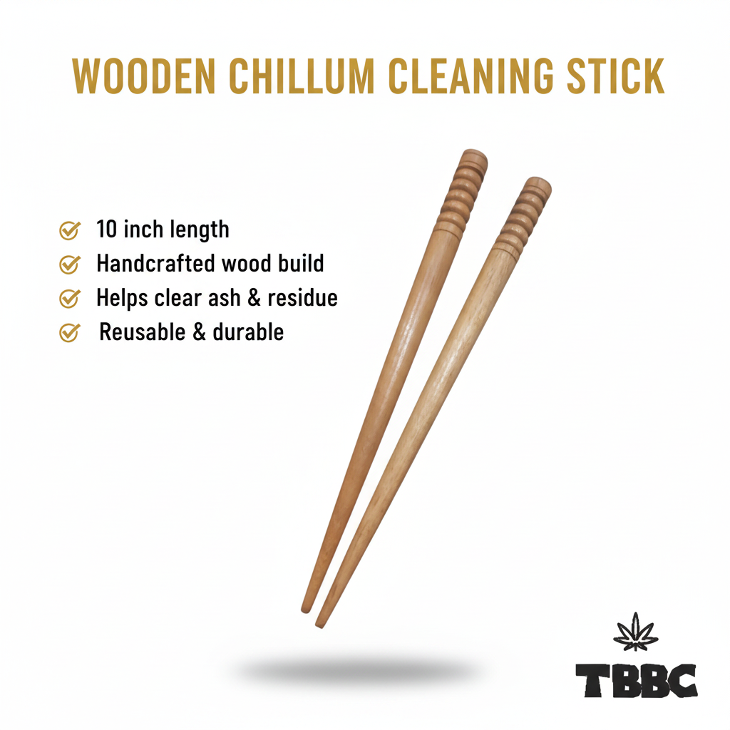 Wooden Chillum Cleaning Stick infographic showing 10 inch length, handcrafted wood build, clears ash and residue, reusable and durable