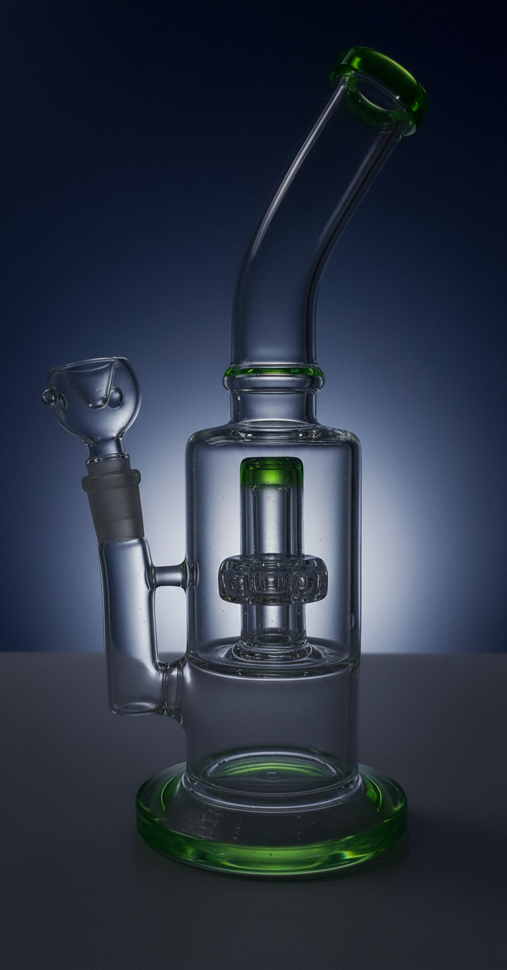 Clear glass shower percolator bong, water pipe in green color, heavy duty durable glass shower percolator bong in 12 inches, express delivery of bongs in delhi ncr noida gurugram faridabad haryana uttar pradesh, express delivery in india mumbai pune chennai bangalore