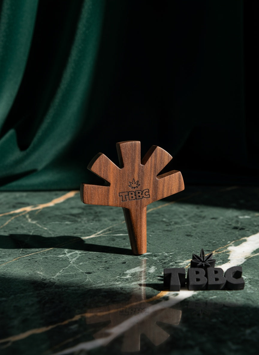 Wooden tool with 'TBBC' branding on a dark surface,handcrafted wooden joint holder made by tbbc especially for Big Squads groups and gangs to get highly fried/baked together and have real fun with tbbc while taking cool and smoothest toke every time you smoke. Weed lovers gets mad when they see this Magical toy in your hand.