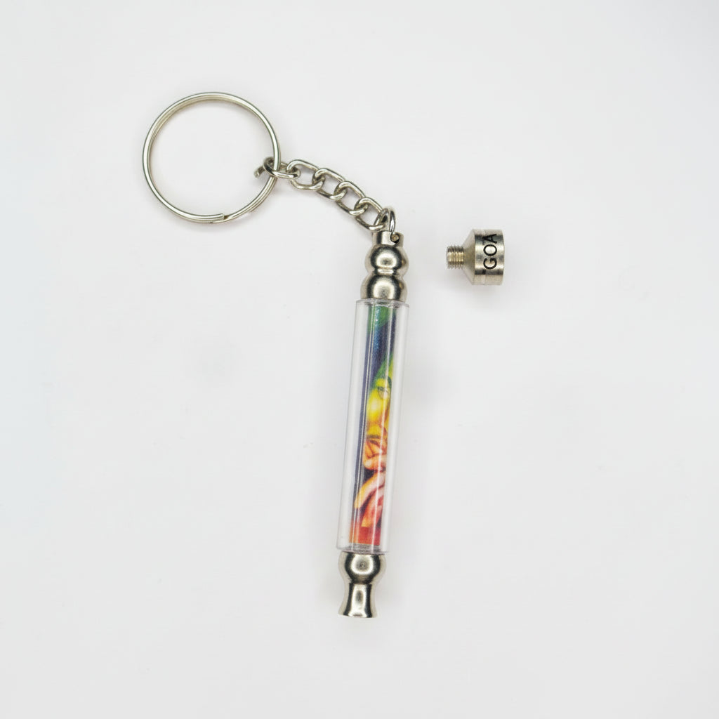 Keychain with colorful weed smoking hand pipe on a gray background, metal toking hand pipe for weed hash charas ganja stoner 420, best smoking essentials, easy to carry smoking accessory for travelling hiking party house party lone sessions.