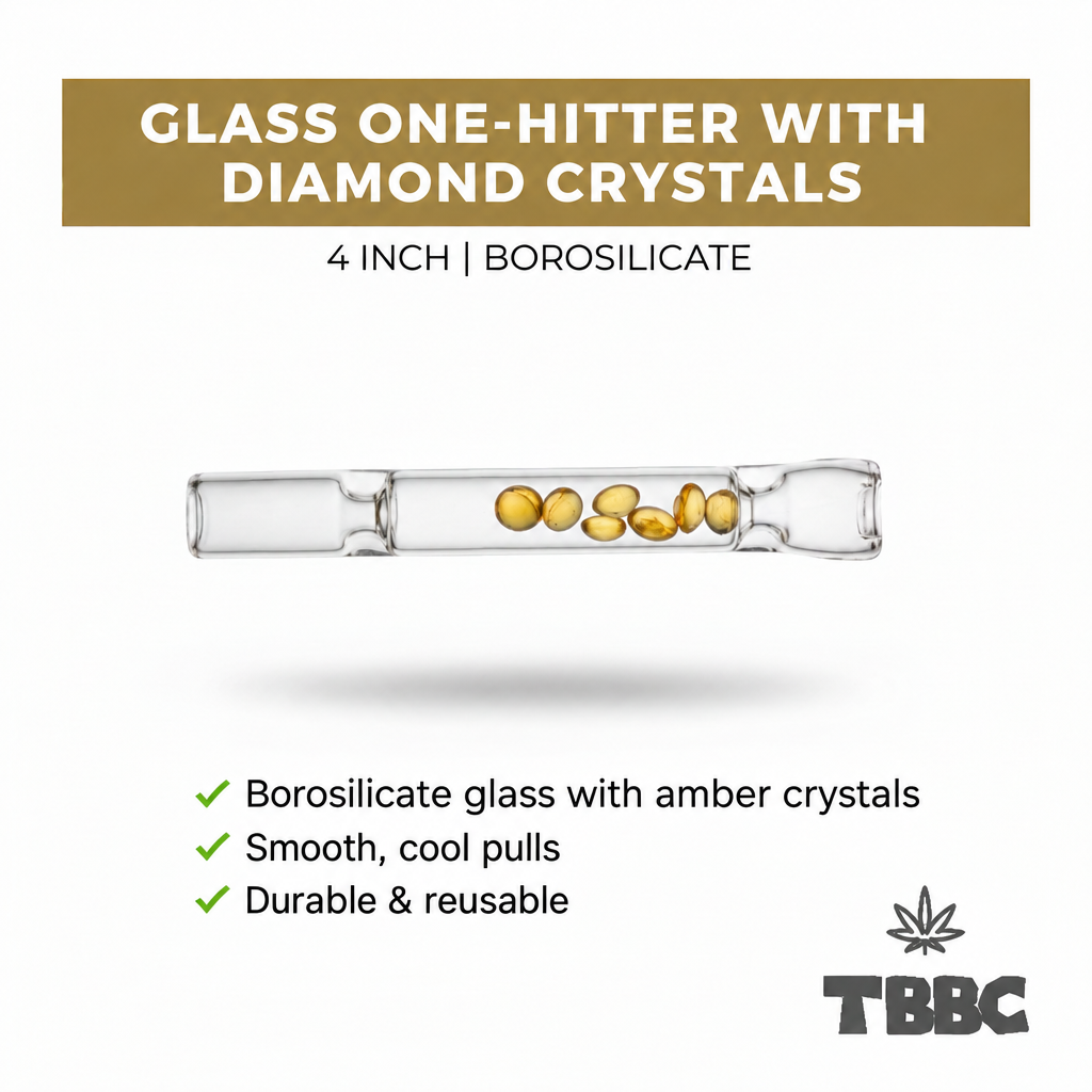 TBBC 4 inch clear borosilicate glass one-hitter with amber-tone decorative crystals inside the tube, white background infographic
