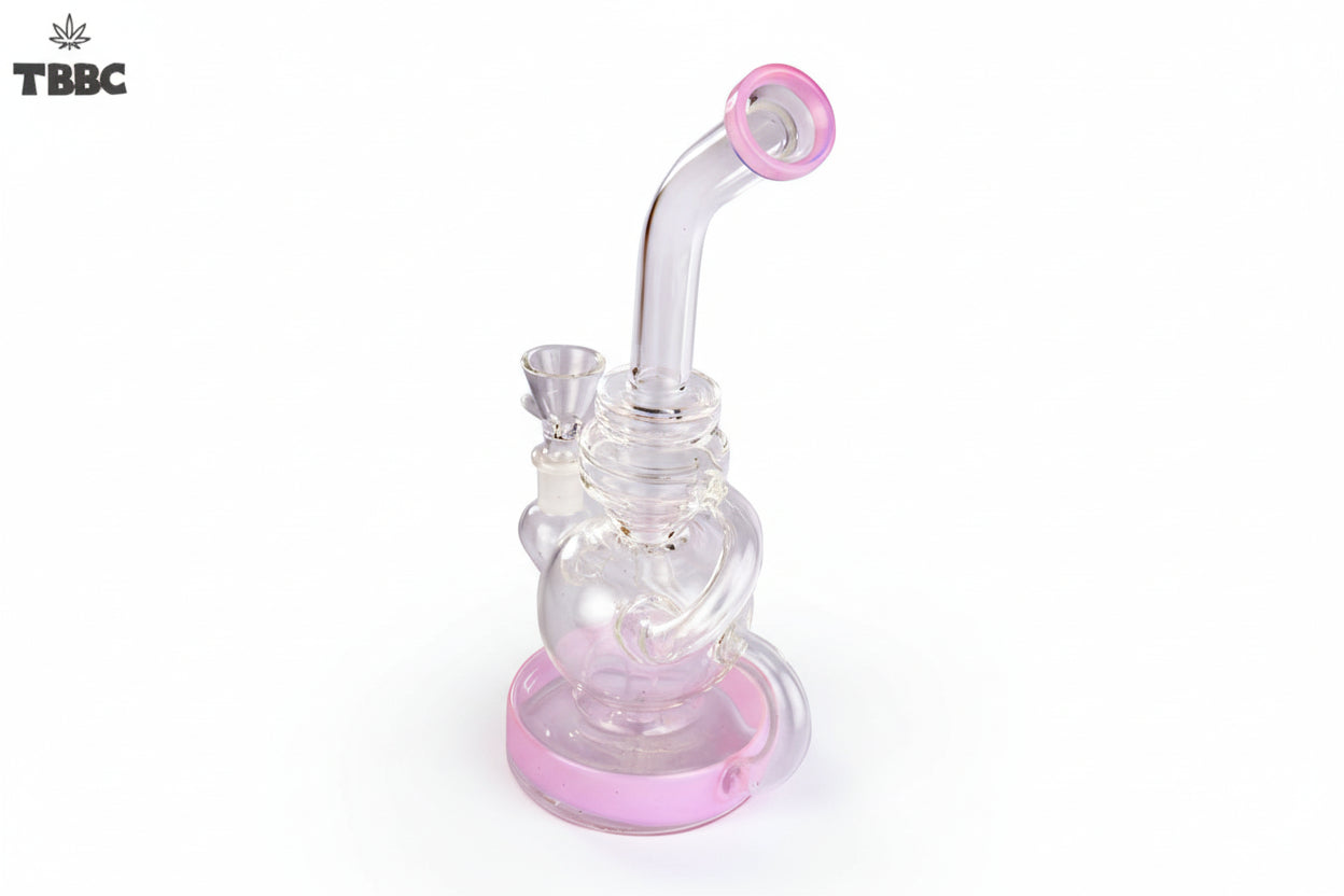 Glass smoking device with green accents on a white background, featuring the TBBC logo. exporter of bongs india, super quality bongs collection online