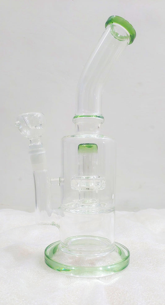 Clear glass shower percolator bong, water pipe in green color, heavy duty durable glass shower percolator bong in 12 inches, express delivery of bongs in delhi ncr noida gurugram faridabad haryana uttar pradesh, express delivery in india mumbai pune chennai bangalore