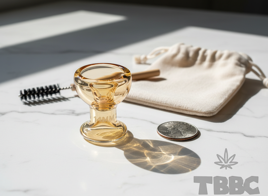 Amber glass bowl beside a coin, cleaning brush and cream drawstring pouch on a sunlit marble-pattern surface with TBBC branding