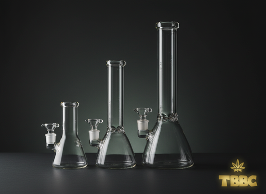 Bong size guide showing small medium and large glass bongs on premium dark background, TBBC India