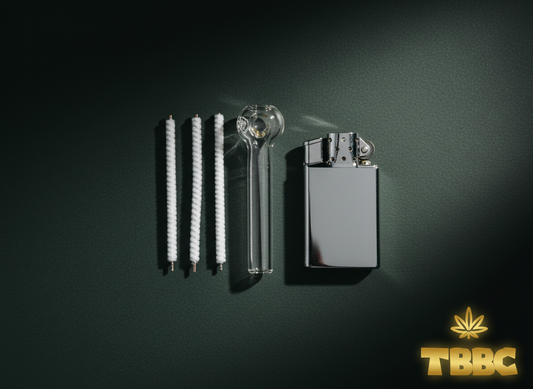 Glass chillum care guide with glass chillum, pipe cleaners and lighter on dark premium background, TBBC