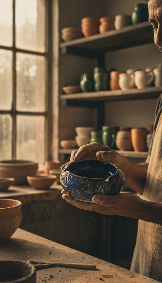 Artist holding a handmade ceramic ashtray in a clay studio — From Studio to Storefront on TBBC