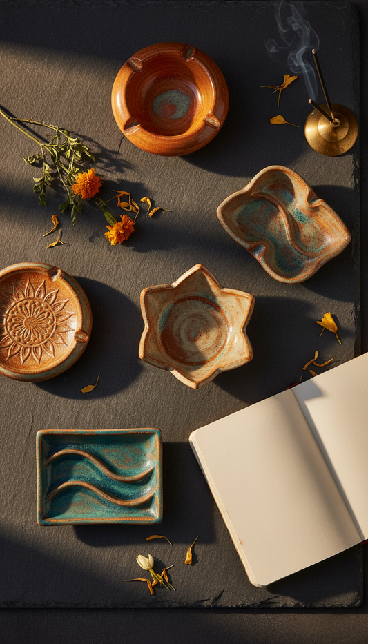 Flat lay of handmade ceramic ashtrays with open notebook on dark surface — pricing guide for Indian artists selling on TBBC