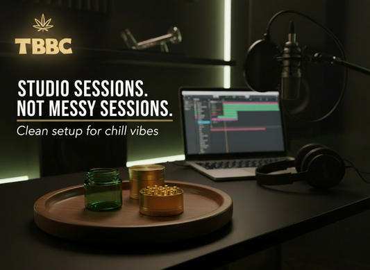 Home studio smoke corner setup clean desk rolling base grinder weed accessories