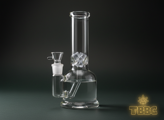 Ice catcher bong setup guide showing correct water level and ice placement in glass bong neck on premium dark background, TBBC India