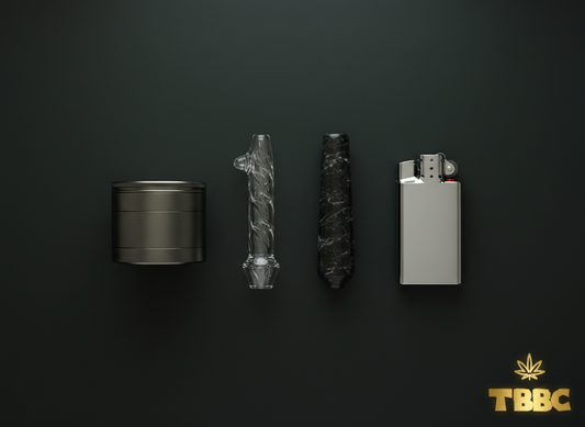 Best chillum for beginners in India — medium glass and stone chillums with grinder and lighter on dark premium background, TBBC
