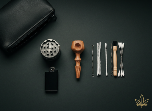 Travel chillum setup low-mess kit with chillum, grinder, lighter and cleaning tools on dark premium background, TBBC
