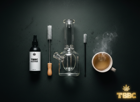 Harsh bong hits fixes guide showing glass bong water level and cleaning setup on premium dark background, TBBC India