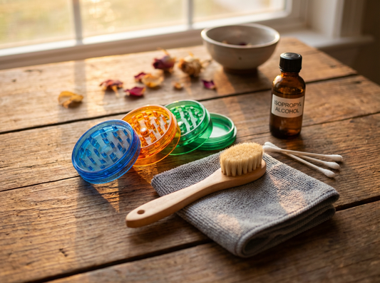 Colorful acrylic herb grinders in neon and translucent colors on a vibrant surface with warm lighting