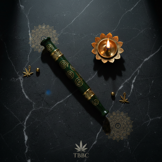 TBBC green chillum with gold detailing and diya on black marble — Boom Shankara ritual