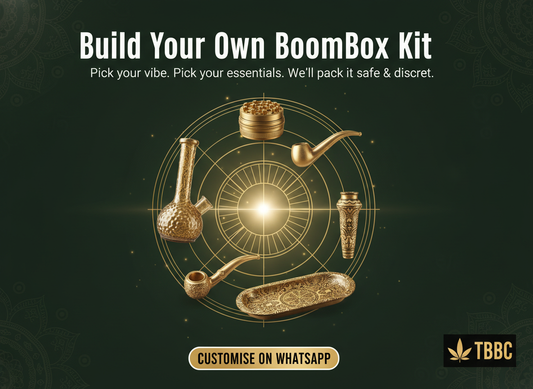 TBBC BoomBox Kit flatlay with grinder tray and accessories on green marble