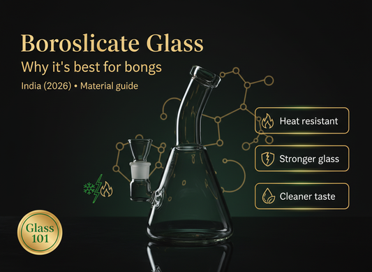 Borosilicate glass bong close-up showing thick, durable glass build — heat resistant, stronger glass, cleaner taste