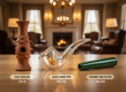 Clay chillum vs glass hand pipe vs ceramic one hitter comparison on wooden table with price labels in luxury lounge — TBBC rolling paper alternatives Gujarat India