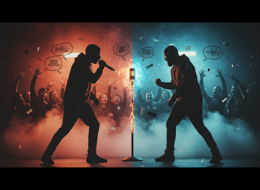 Two rappers facing off at a mic stand under split red and blue stage lighting with a crowd behind them, representing the beef and battle-rap culture in Indian hip-hop