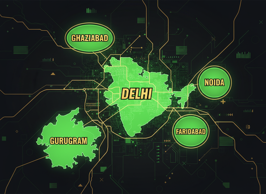 Delhi NCR rental coverage map showing Delhi, Gurugram, Noida, Faridabad and Ghaziabad highlighted — TBBC bong on rent Delhi NCR