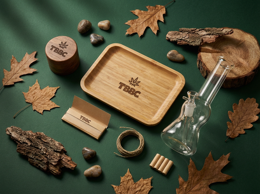 Eco-friendly smoking accessories: sustainable rolling papers, wooden grinder and biodegradable tray (TBBC), Green smoking essentials: biodegradable rolling trays, hemp papers and natural materials (TBBC)