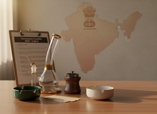 Gujarat smoking accessory compliance guide 2026 glass bong grinder India map TBBC, rolling paper banned, substitute for rolling papers in gujrat