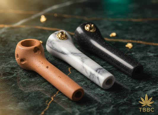 Clay, marble and stone chillums side by side on green marble — TBBC chillum buying guide India