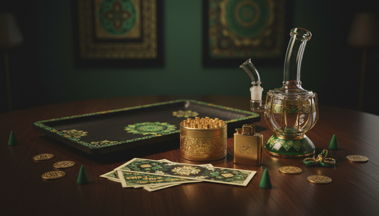Indian hip-hop-inspired session table with legal smoking accessories, grinder, rolling base, lighter and glass bong in a music studio setting