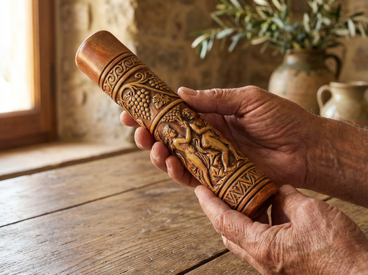Brown Italian clay chillum with ornate grapevine and figure relief, held in two hands above a wooden table