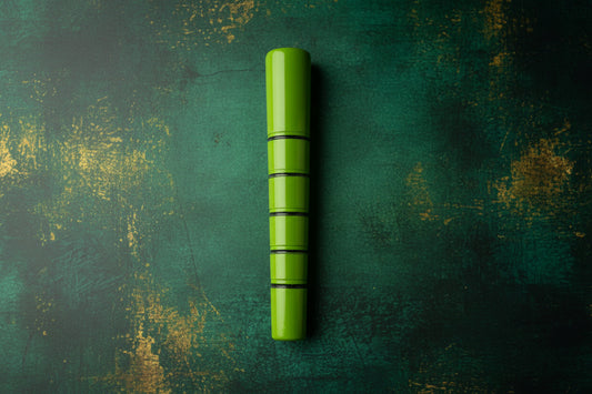 Jungle Vibe 6 inch handcrafted clay chillum with a bright green finish and dark rings on a textured deep green background